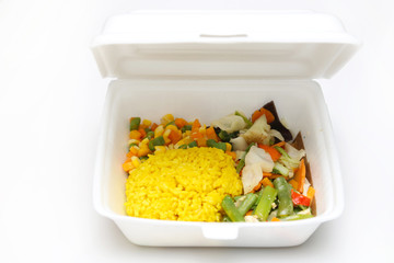 Lunch styrofoam box from fast food restaurant on white background  
