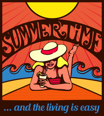 Summertime! Blond relaxed girl sunbathing on a beach with waves and blazing sun, vector poster design, summer holidays easy living