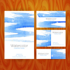 Vector Business Set Template with Blue Watercolor Abstract Splas