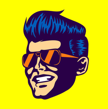 Vintage retro cool dude man face head wearing aviator sunglasses rockabilly pompadour haircut vector