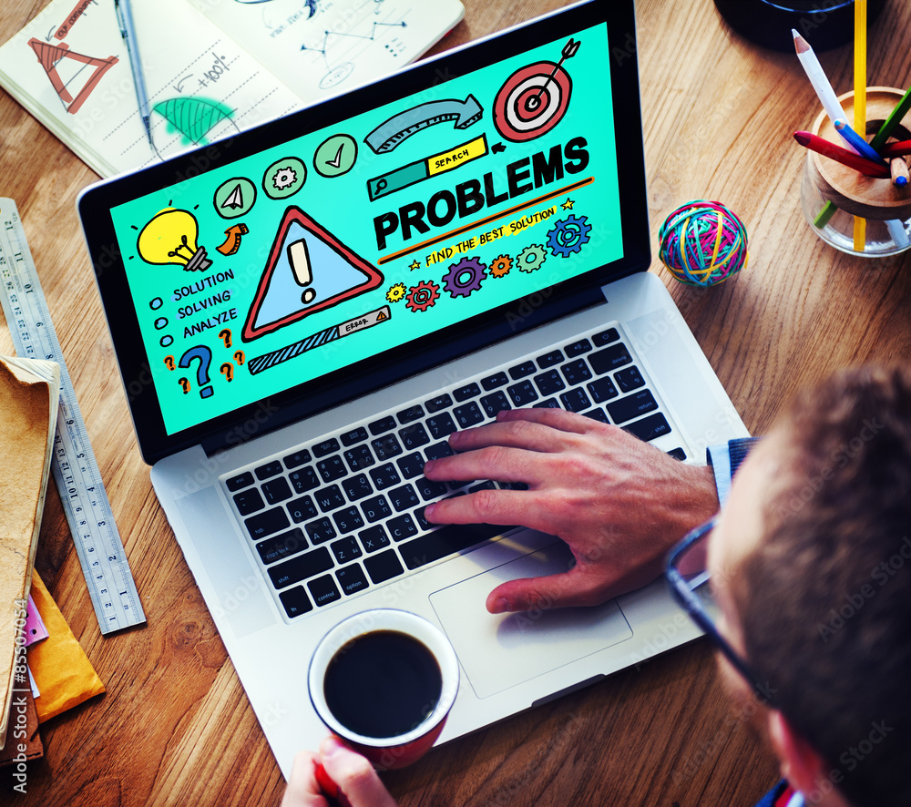 Poster man using digital devices looking for seo concept