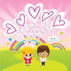 Vector Illustration of a Young happy couple with hand drawn love hearts on a romantic path with sunshine and rainbows