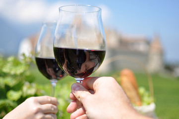 Two hands holding wineglasses against Chateau d'Aigle, Switzerla