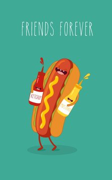 Naklejki Hot dog, mustard and ketchup. Vector cartoon. Fast food. Friends forever.