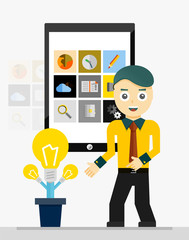 Mobile app startup idea. Young businessman showing growing plant