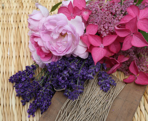 still life- floristry-lavender, roses,hydrangea