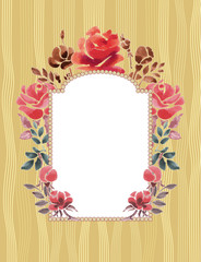Frame with watercolor flowers. Roses in an oval on a brown background. Flowers on wooden background texture.