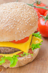 Tasty cheeseburger with lettuce, beef, double cheese and ketchup. Macro with shallow focus.