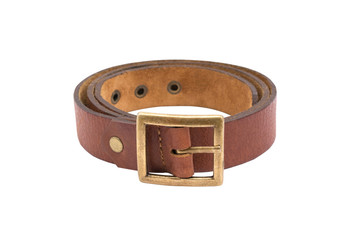 The photo of a leather brown belt on a white background  isolate