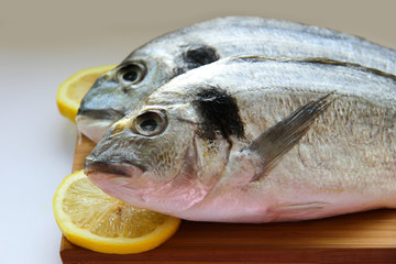 Two dorado on wooden board