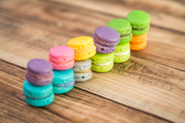 French colorful macarons on wood table