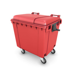 Red trash can on wheels