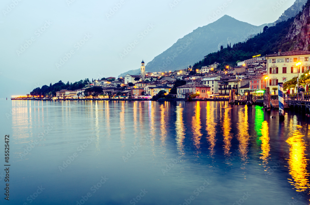 Wall mural lake garda, town of limone sul garda (lombardy, italy) at blue hour