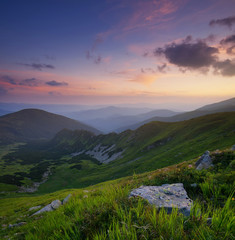 Naklejka premium Mountain valley during sunset in summer time. Beautiful natural landscape