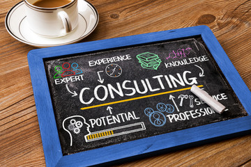 consulting chart with business elements on blackboard