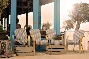 Enterior of the beach cafe during sunset