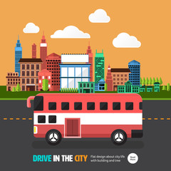 Obraz premium Flat design concept car on the road with city background. Vector illustrate. 