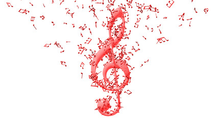 Treble clef with flying notes isolated on white background