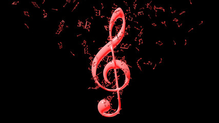 Treble clef with flying notes isolated on black background