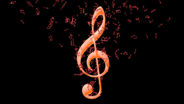 Treble clef with flying notes isolated on black background