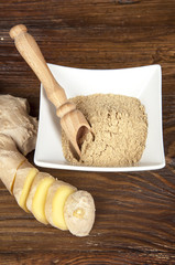 rhizome of ginger and spices on wooden table