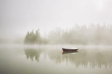 Washable wall murals Morning with fog Boat in mysterious fog