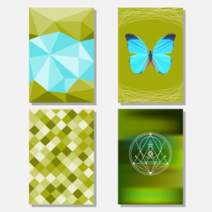 Bright green and blue colored set with geometric butterfly 