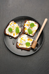 Bruschetta with cream cheese, chia seeds and honey. Super Foods