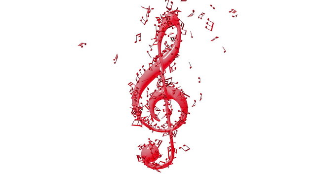 Treble clef with flying notes isolated on white background