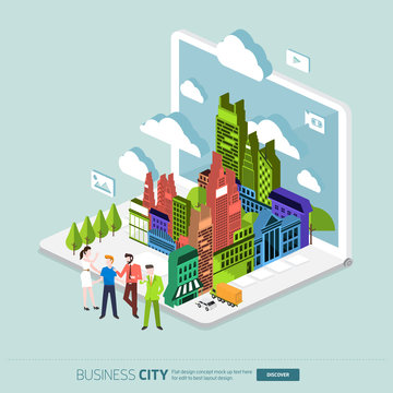 Flat design concept the city and business people on the Laptop. Vector Illustrate.
