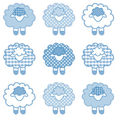 Baby Lambs, patchwork sheep, gingham, polka dots,  pastel blue 