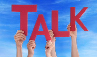 Many People Hands Holding Red Word Talk Blue Sky