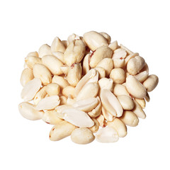 Peeled salted peanuts isolated on white background.