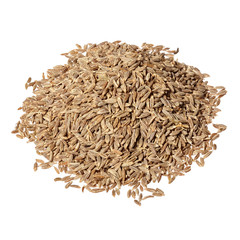 Pile of cumin seeds isolated on white background.