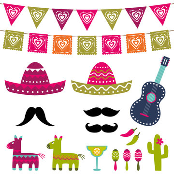 Mexican party vector decoration and photo booth props set
