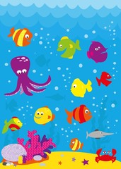 Underwater scene with colorful fish and octopus
