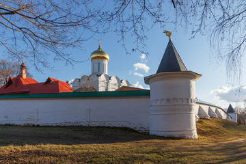 Landscape with walls and architecture of the ancient Orthodox monastery in the spring sunny day