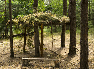 Wooden arbor with camouflage in the pine forest
