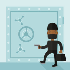 Man in black hacking bank safe.