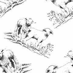 Goats and lambs on the field seamless pattern