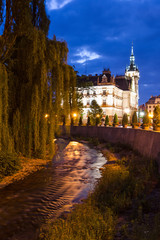 Bielsko-Biala town hall with Biala river in night scenery