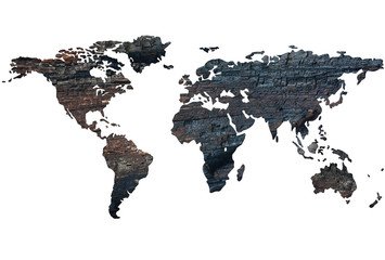 World map on the background of burnt wood. Isolated on white bac