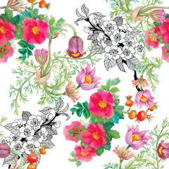 Seamless patterns with Beautiful flowers, watercolor illustration