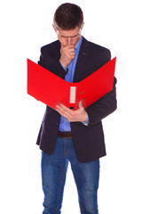Portrait of businessman with folder, isolated on white background