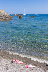 Fototapeta na wymiar snorkeling equipment, on the beach, Mediterranean Sea, France