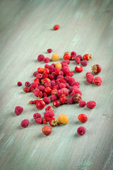 yellow raspberries, red raspberries, strawberries on a turquoise