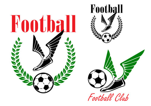 Football emblems with winged boots and balls