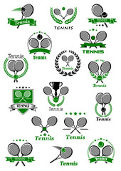 Tennis emblems with balls, rackets and trophy