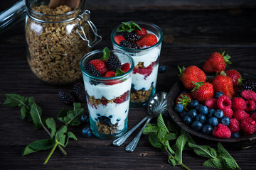 fresh parfait with berries, overhead
