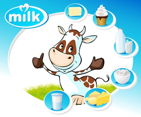 blue design with dairy products and funny cow - vector illustration